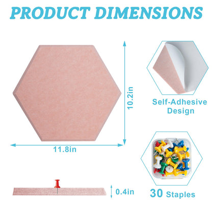 8 Pack Hexagon Cork Board Alternative for Walls Decor, 12" x 10" Self-Adhesive Felt Bulletin Board Tiles with 30 Pushpins, Acoustic Panels for Office,Classrooms (Macaron Fresh)