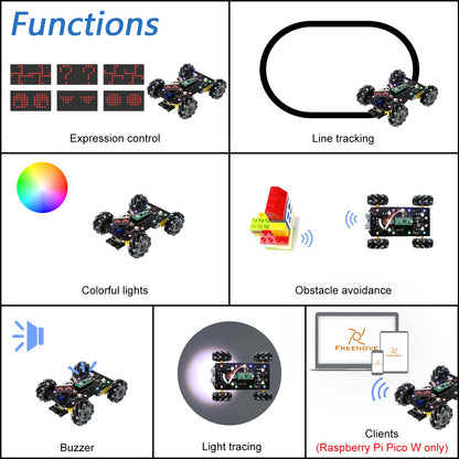 Freenove Mecanum Wheel Car Kit for Raspberry Pi Pico (Not Included) (Compatible with Arduino IDE), Dot Matrix Expressions, Obstacle Avoidance, Line Tracking, Light Tracing, Colorful Light, App