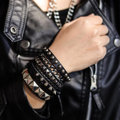 Eigso 4 Pcs Punk Leather Bracelet Hematite Black for Men Women Adjustable Spike Metal Cuff Bangle