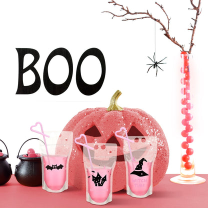 Sliner 24 Set Halloween Drink Pouches with Straws for Adults Juice Liquor Pouches Happy Boo Day Pink Black Drink Bags for Adult Teen Stand up Plastic Bags for Halloween Party Favor Props