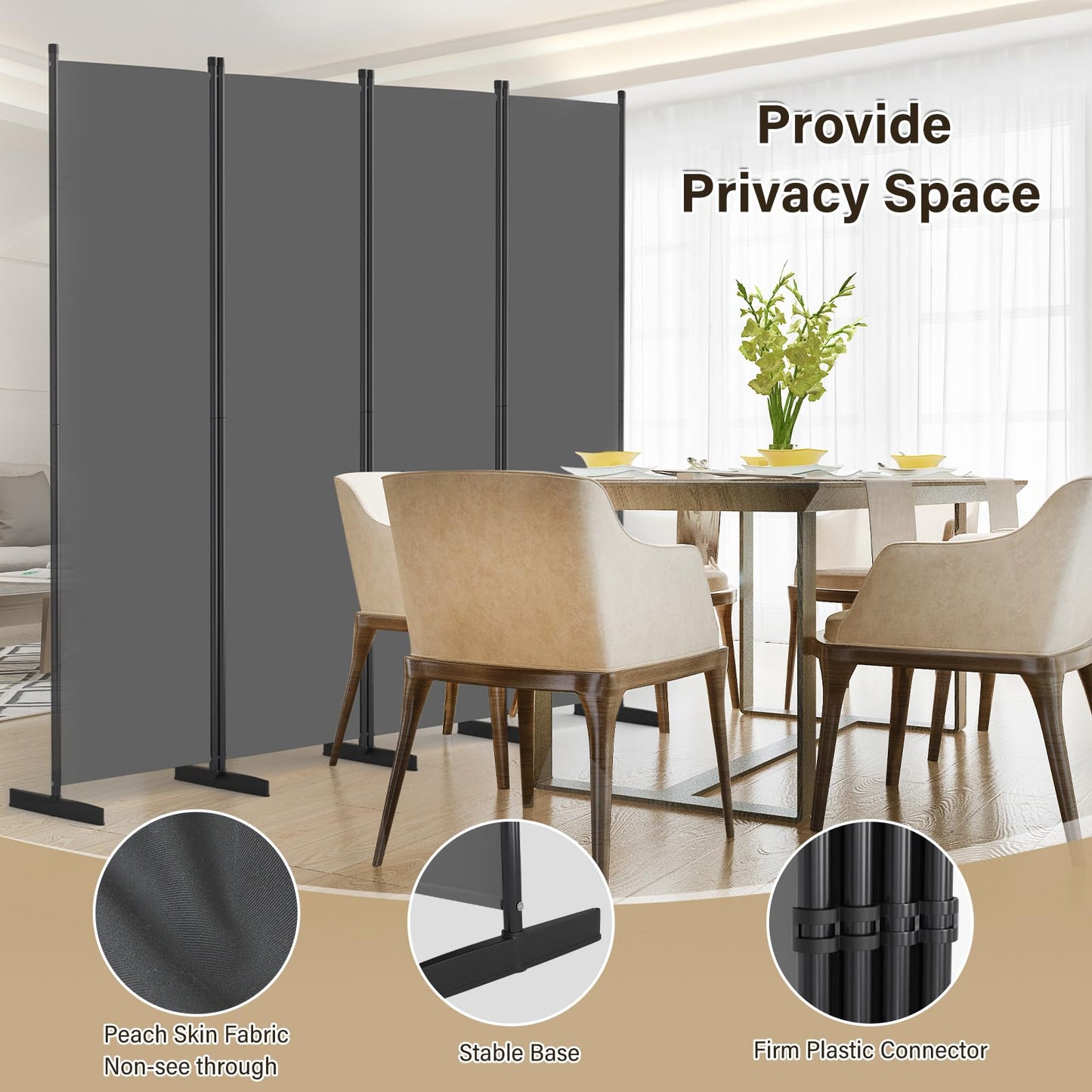 AKTOP Room Divider 4 Panel, 80" W Portable Wall Divider for Room Separation, Freestanding Partition Room Dividers, Folding Room Separators Privacy Screens for Home Office Bedroom, Grey