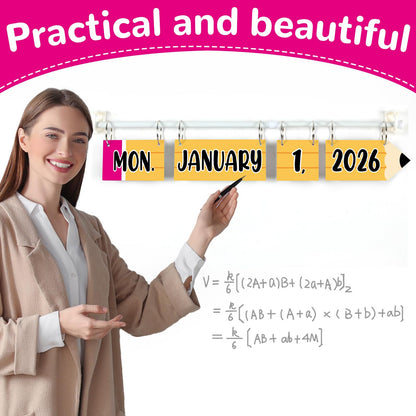 Pencil Flip Calendar Bulletin Board Set Pencil Calendar for Classroom Whiteboard Decor with 2026 to 2030 Years Date Cards and Adjustable Rod for Home Elementary Back to School Teacher Supplies
