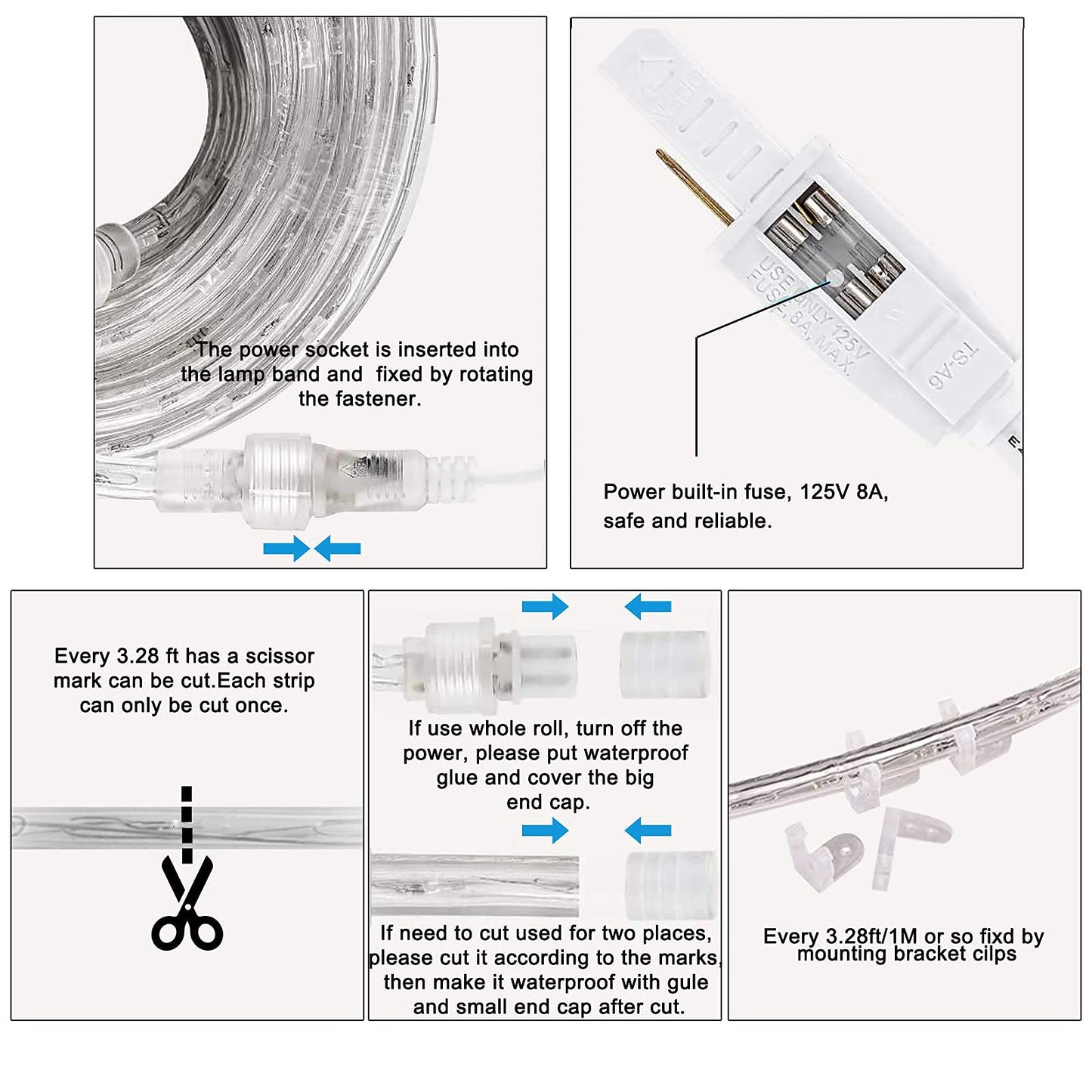 SURNIE Rope Lights Outdoor Waterproof Daylight White: LED 50FT Cuttable Outside Bright 110V Lighting Connectable Flexible Plug Cool Clear Tube, Indoor Deck Patio Xmas Camping Decor, Not Flat Strip