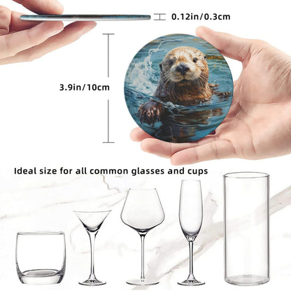Famame 6 Pcs Cute Sea Otter Leather Coasters for Drinks with Holder Coaster Sets Drink Table Cup Coasters for Living Room Kitchen Coffee Decor