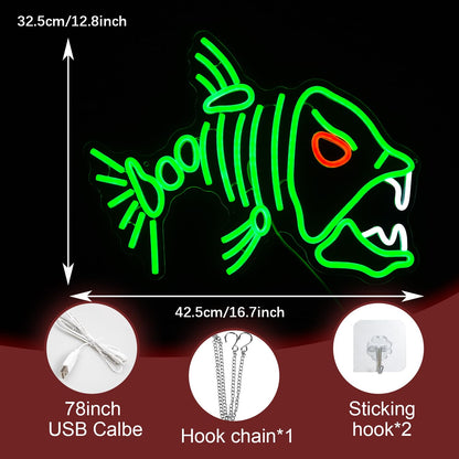 LIUOZHTEA Fish Neon Sign LED Skeleton Fish Neon Light for Wall Decor Dimmable Green Fish Bones Light Up Sign for Living Room Game Room Restaurant Man Cave Art Wall Decoration (16.7 ''*12.8 '')