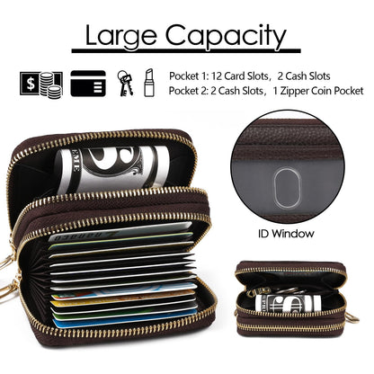 imeetu RFID Credit Card Wallet, Genuine Leather Zipper Card Case Holder with Removable Keychain(Max - Coffee)