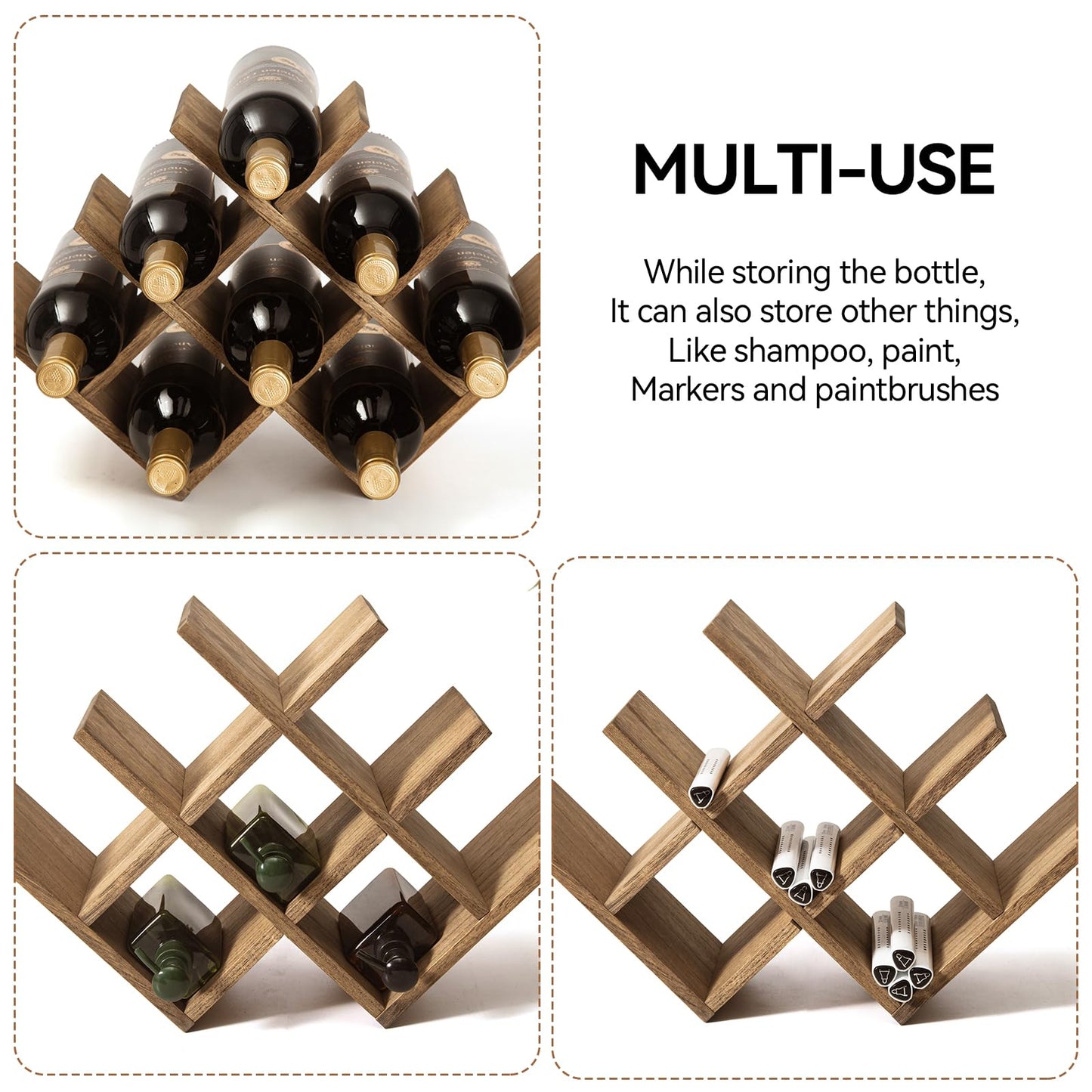 KIRIGEN Wooden 8-Bottle Wine Rack, 3-Tier Countertop Wine Bottle Holder for Cabinets, Bar Cart, Kitchen Counter, Pantry, Dining Room, 16.73 x 5.9 x 11.14 in, XHJJ3-DBR