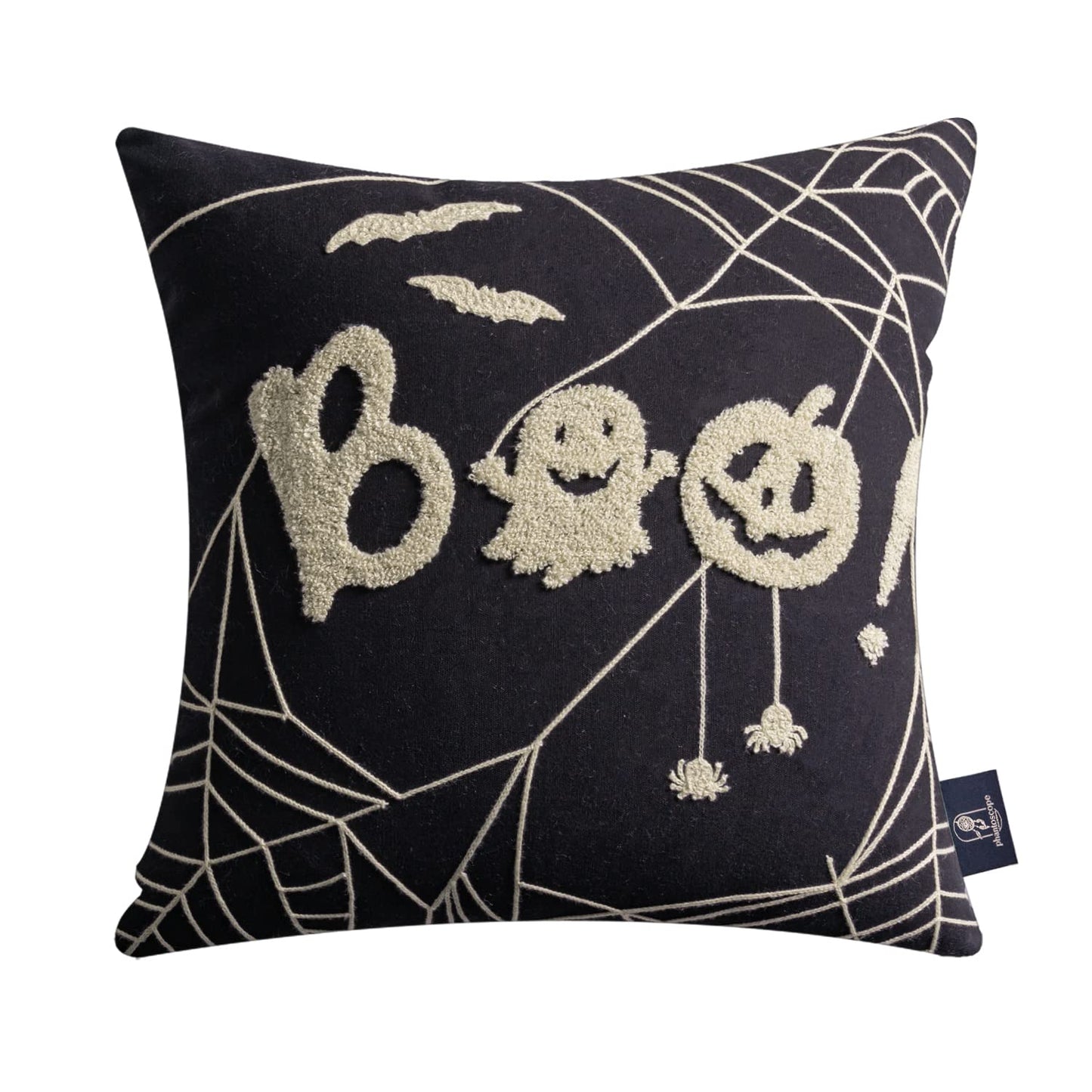 Phantoscope Set of 4 Happy Halloween Decorative Throw Pillow Covers, Handcrafted Embroidery Spider Web Black Bats and Cute Ghost Pillowcase Cushion Cover, Black and White, 18 x 18 inch, 45 x 45 cm