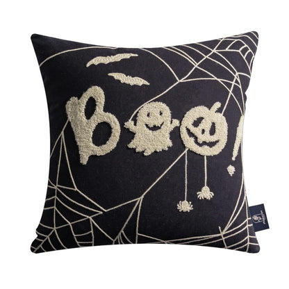 Phantoscope Set of 4 Happy Halloween Decorative Throw Pillow Covers, Handcrafted Embroidery Spider Web Black Bats and Cute Ghost Pillowcase Cushion Cover, Black and White, 18 x 18 inch, 45 x 45 cm