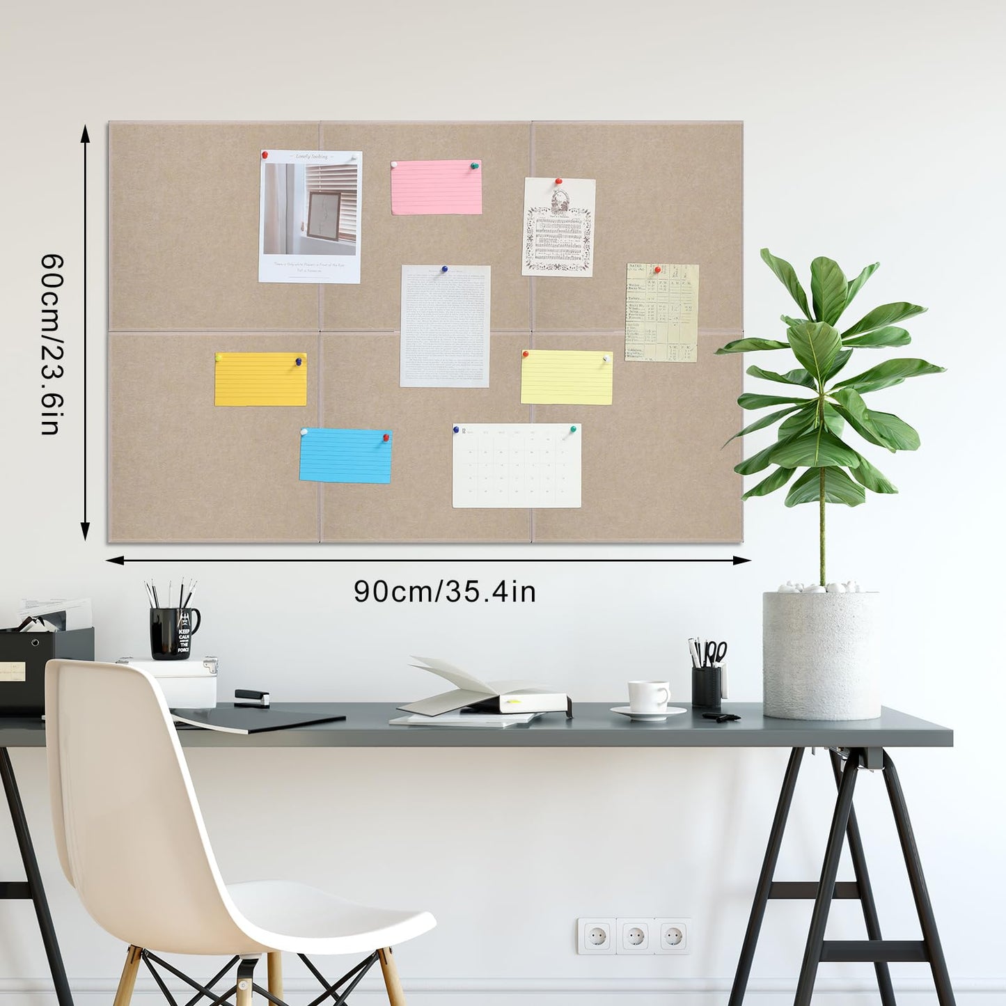 Large Cork Board 36" x 24", 6 Pack Felt Bulletin Board with 30 Pushpins, Cork Boards Alternative with Self-Adhesive Strips, Felt Wall Tiles Pin Boards for Walls Office Home School Decor-Tan