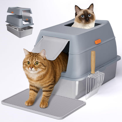 Stainless Steel Litter Box with Lid, 8” Deep Pan, Extra Large Litter Box for Big Cats, Anti-Leakage, Odor Free, Front & Top Dual Entry, Includes Litter Mat & Metal Scoop