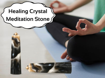 Amazing Gemstone Black Banded Agate Onyx Crystal Towers ~ Natural Healing Crystal Point Obelisk for Reiki Healing and Crystal Grid (3" to 4" INCH)