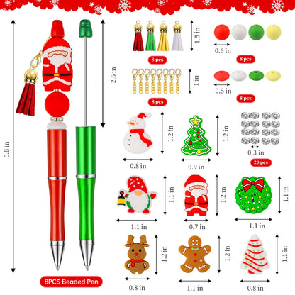 CZWZ 8 Pcs Christmas Beadable Pens, Plastic Beadable Pens with Multicolor Silicone Beads, Christmas Snowman Pine Tree Floral Hoop Deer Pens for Christmas Office School Supplies