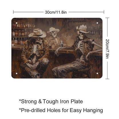 Metal Sign Poster 8x12 Inch Wild West Skeleton Cowboy in A Bar Oil Painting Print Western Wall Art Road Trip Gift Southwestern Cowboy Art Decor