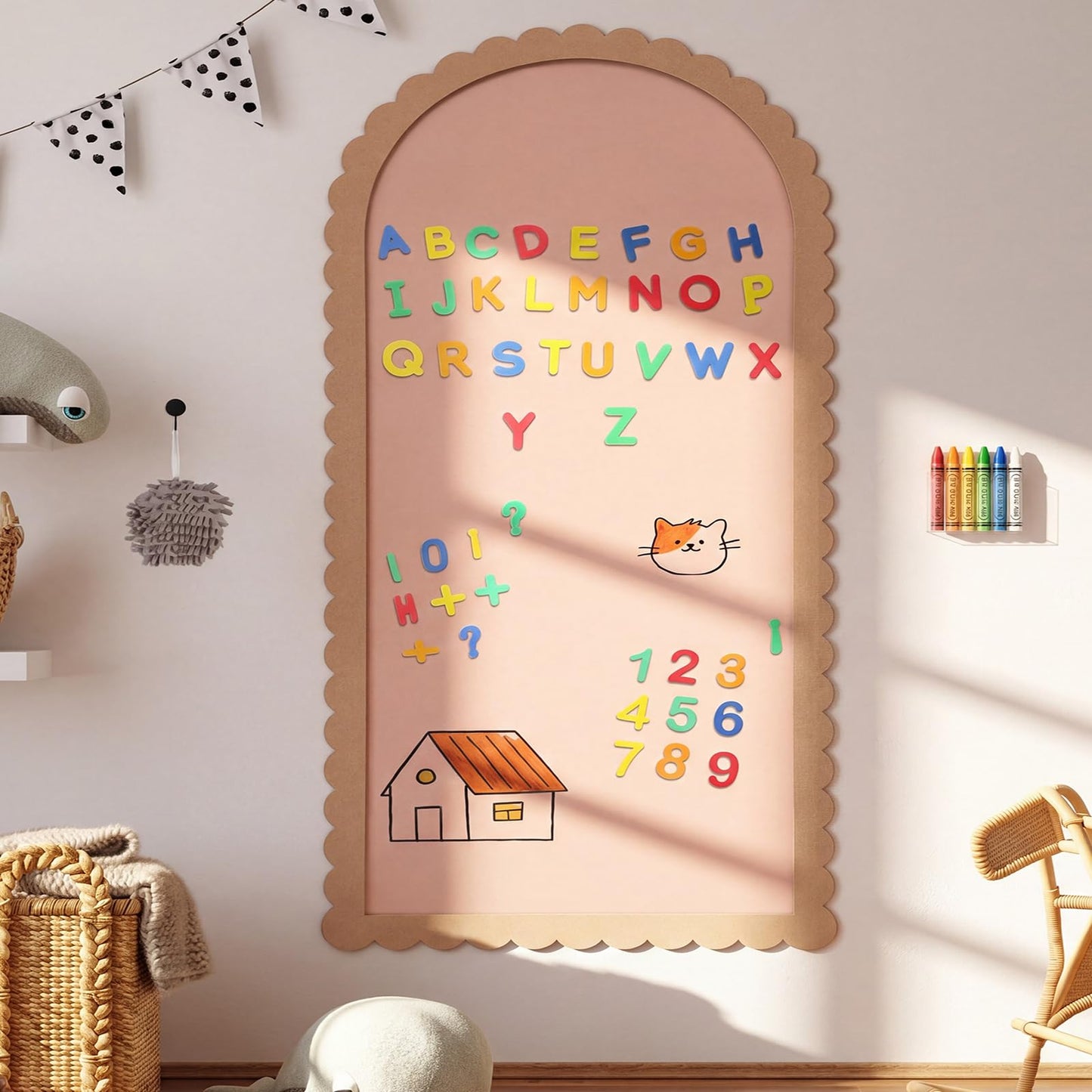 Feifeiya Camel Blush Large Magnetic Arch Wall Decal with Scallop Wooden Frame 39.3"x17.5" Arch Magnetic Chalkboard Self Adhesive Wall Board Sticker with 36 Magnet Letters Chalk Board Wallpaper Roll