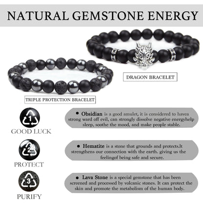 GDLKPYHS Black Obsidian Bracelets for Men - Dragon Bracelet - Tourmaline Beaded bracelets, 8MM Black Onyx Hematite Lava Stone Beads Triple Protection Bracelet for Men Women Gifts