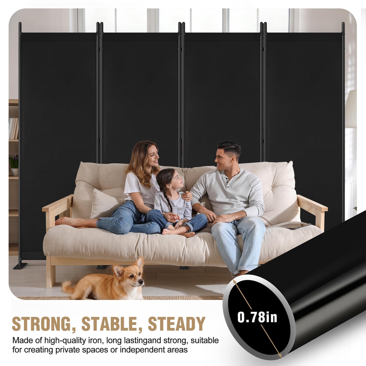 Yettsoy Room Divider 6FT Tall Folding Privacy Partition Screen, 88'' W Portable Wall Divider for Room Separation, Freestanding 4 Panel Room Divider Panel Privacy Screen for Dorm Studio Office, Black