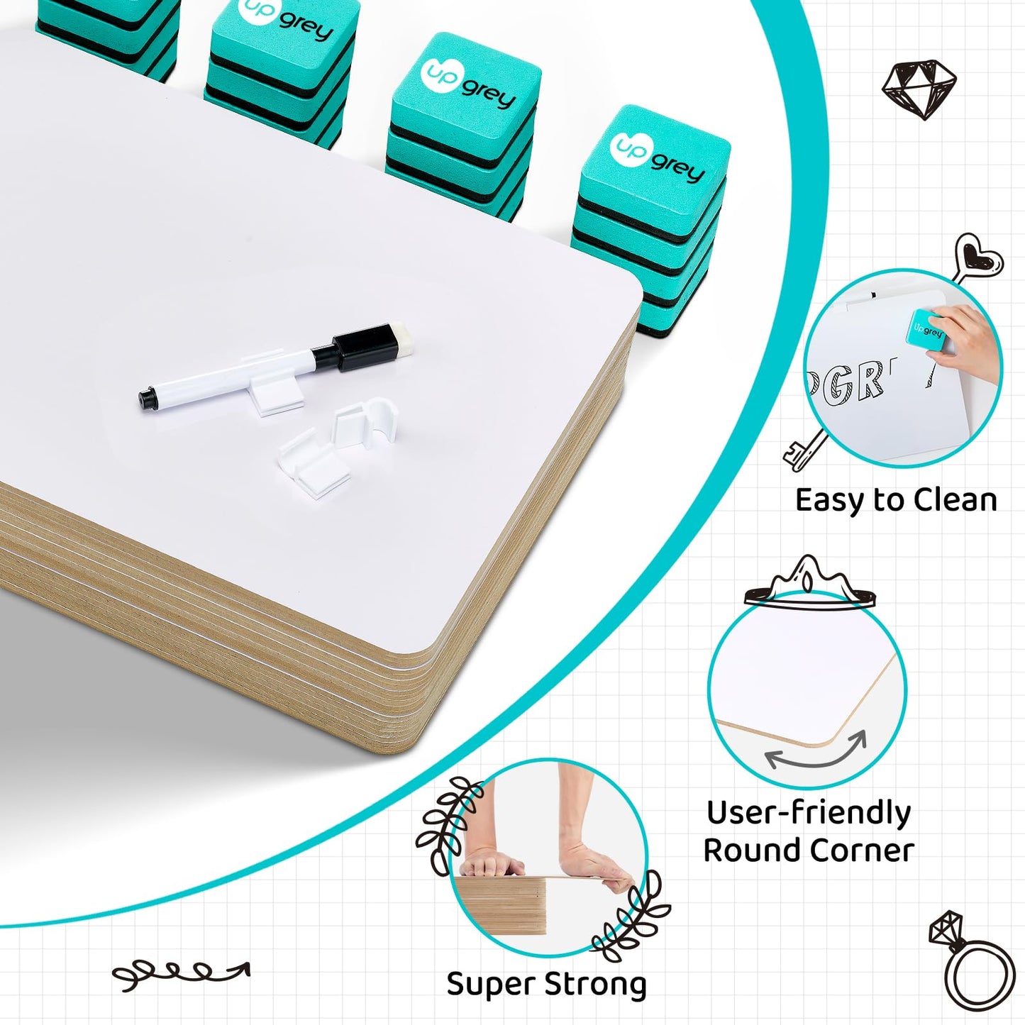 UPGREY Dry Erase Boards, Small Whiteboard 20 Pack 9"X12" Double-Sided Mini Whiteboards for Kids Lapboards with 24 Pens+24 Erasers+24 Pen Clips for Students, Teachers, Class, Office