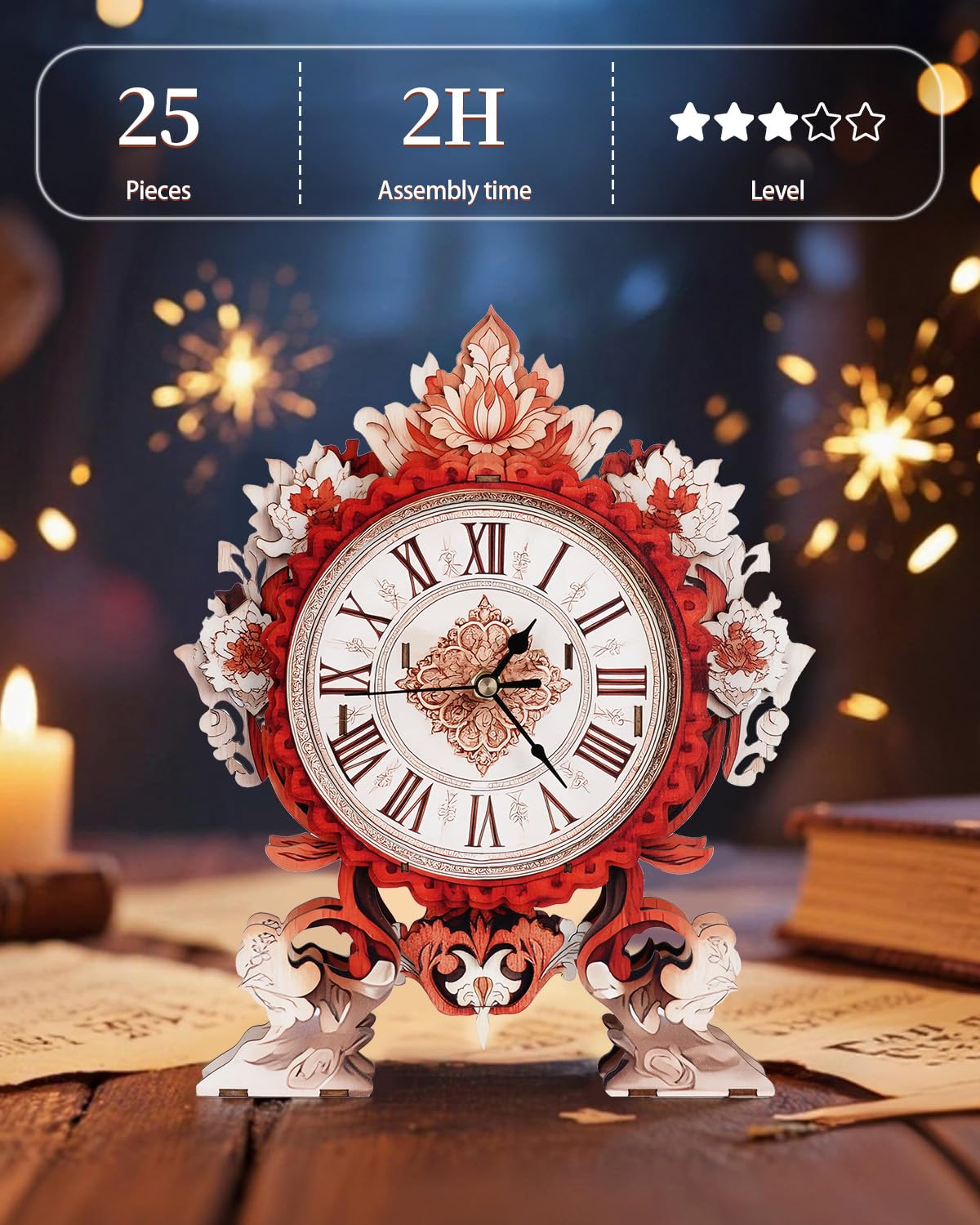Rnfinewow 3D Wooden Puzzles for Adults, 3D Puzzles Flame Flower Clock Kit (with Pendulum), Wooden Puzzle for Adults Teens Home Wall Decor Clock Christmas Day Puzzle Gifts for Adults
