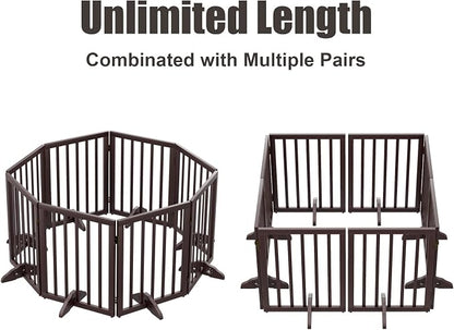 Semiocthome Freestanding Dog Gates for The House Extra Wide with 4 Panels and 4 Support Feet, 24" H Foldable Pet Gate for Stairs, Wooden Expansion Doggy Gates for Doorways, Fit Opening Up to 74" W