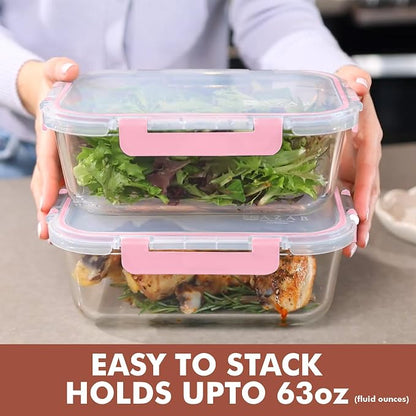 Razab 2 Pcs 1860ml / 63 Oz Large Glass Food Storage Containers with Lids - Glass Meal Prep Containers with Locking Lids for Roasting, Storing Leftover, Lunch Container, BPA Free, Microwave & Oven Safe
