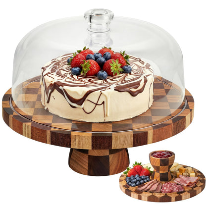 Metflavor Cake Stand with Dome Lid - 12in Wooden Cake Stand with Shatterproof Acrylic Dome, 2-in-1 Dessert Display & Charcuterie Board, Checkered Platter for Serving Cupcakes, Cheese and Fruits