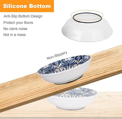 HAPPY KIT Ceramic Cat Food Bowl Set of 2, 5.75 inch Wide Shallow Cat Bowls/Dishes for Indoor, with Non-Slip Silicone Bottom, Whisker Friendly