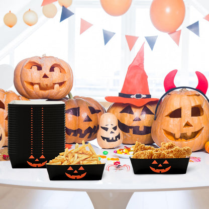 Whaline 50Pcs Halloween Paper Food Trays Grimace Pumpkin Paper Food Boats Orange Black Food Holder Disposable Serving Trays for Party Supplies