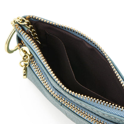 ZOOEASS Coin Purse Women Genuine Leather Zip Mini Purse With Key Ring Triple Zipper Card Holder Wallet (Blue)