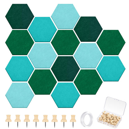 Mindsoft 16 Pcs Hexagon Cork Board for Walls with 50 Wooden Push Pins 6.7 x 5.9 in Felt DIY Tiles Notice with Nano Tape Hanging Bulletin Board for Home Photo Office Memo Note(Turquoise)