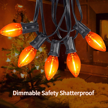 CHYParty 12FT Orange Halloween Lights Outdoor, C7 LED String Lights Plug in with Black Wire for Patio, Porch Railing, Walkway, Party Backdrop Decor