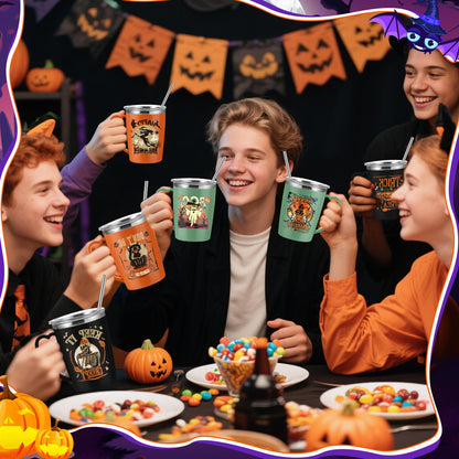 Kritkin 6 Pcs Halloween Coffee Mugs Cups 16 oz Halloween Stainless Steel Insulated Tumblers Bulk with Handle Lid Straw Brushes Spooky Ghost Face Monster Black Cat Mugs Trick or Treat Gifts