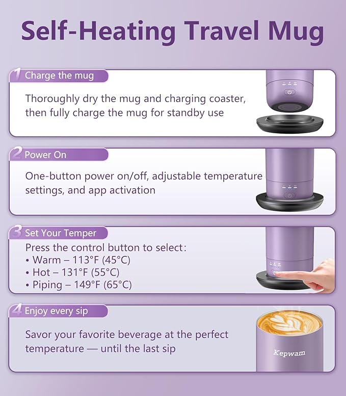 Kepwam Self-Heating Travel Mug 20oz, Temperature-Controlled Coffee Warmer Mug, Smart Travel Coffee Mug Keep Coffee Drinks Hot, Heated Mug Great for Driver Outdoor Fits Car Cup Holders