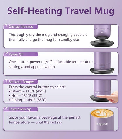 Kepwam Self-Heating Travel Mug 20oz, Temperature-Controlled Coffee Warmer Mug, Smart Travel Coffee Mug Keep Coffee Drinks Hot, Heated Mug Great for Driver Outdoor Fits Car Cup Holders