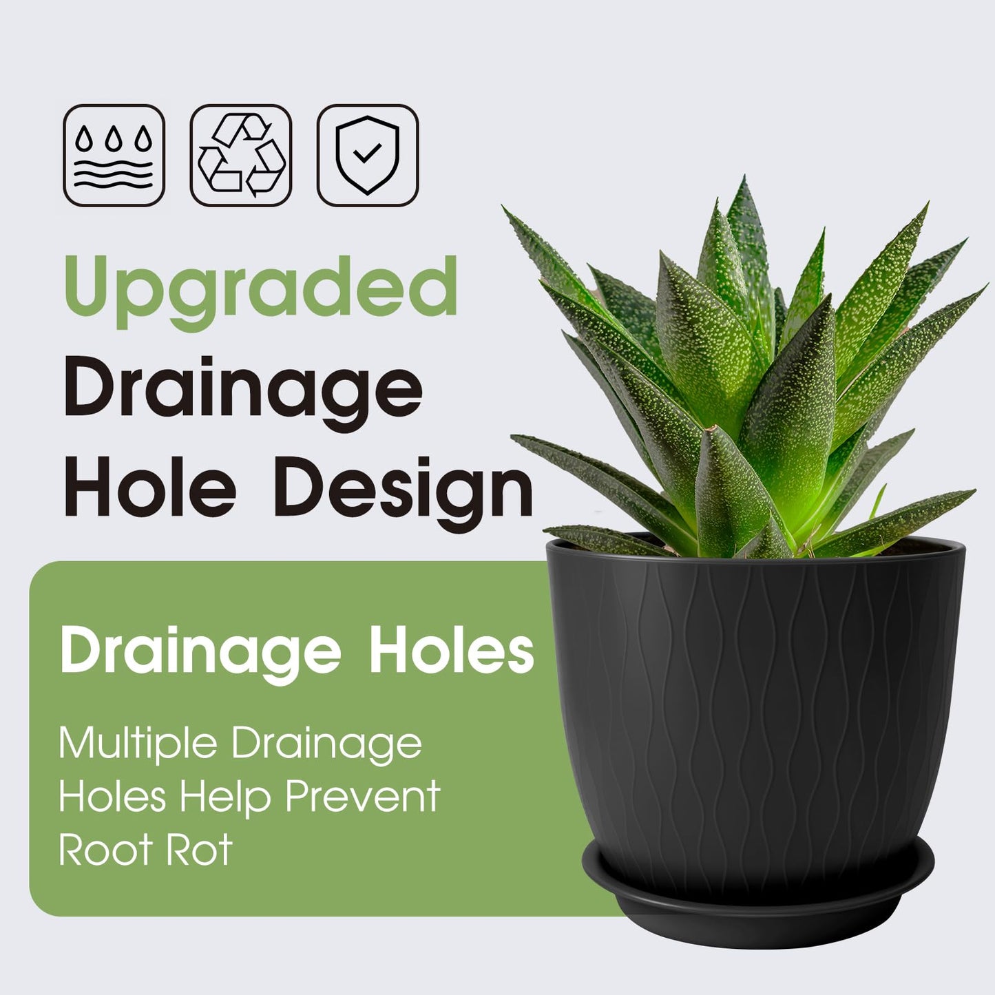 GARDIFE Plant Pots 10/9/8/7.5/7 Inch Plant Pots, Set of 5 Plastic Planters with Drainage Holes and Saucers,Plastic Flower Pots,Nursery Planting Pot for Indoor Out Door Plants (Black)