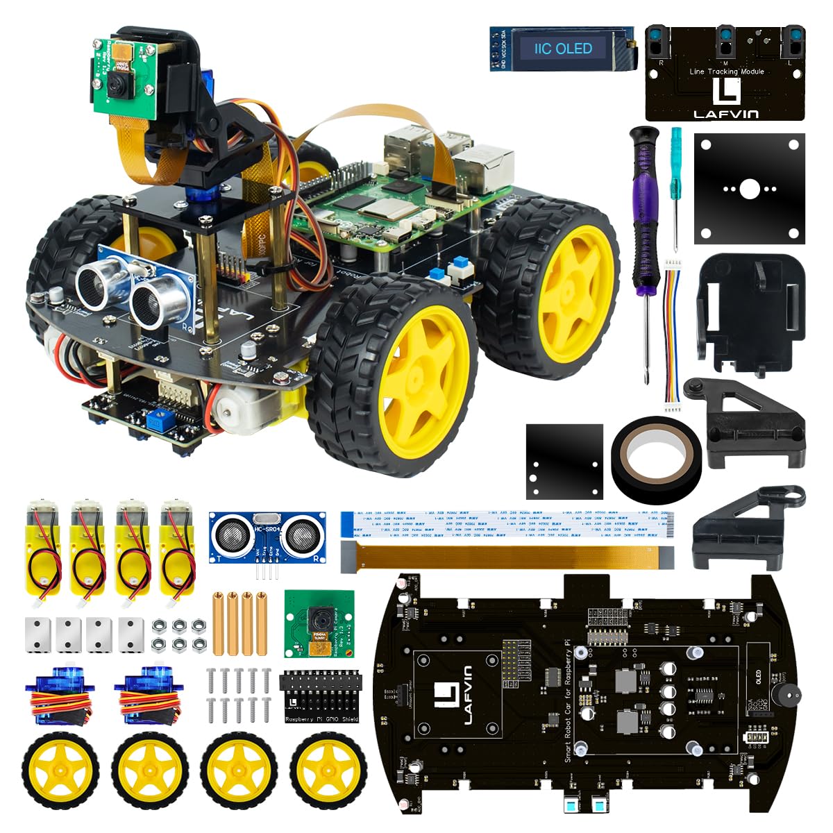 LAFVIN 4WD Smart Car Kit for Raspberry Pi 5 4 B 3 B+ B A+,Line Tracking,Face Tracking,Obstacle Avoidance,with Tutorail(Without Raspberry Pi)