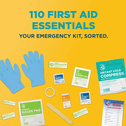 Be Smart Get Prepared 110 pc First Aid Kit: Clean, Treat, Protect Minor Cuts, Home, Office, Car, School, Business, Travel, Emergency, Outdoor, Camping & Sports, FSA/HSA (Packaging may vary)