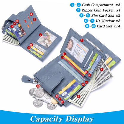 FREYAMIRA Rfid Blocking Wallet for Women Bifold Leather Wallet Compact Card Holder with Zipper Coin Pocket & 4 ID Windows,Blue