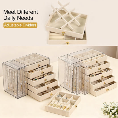 Greenfeather Jewelry Organizer and Storage with 7 Removable Drawers, Clear Acrylic Jewelry Box with 16 Necklace Hooks 48 Pairs of Earring Holes 5 Velvet-Lined Drawers for Rings Bracelets Necklaces