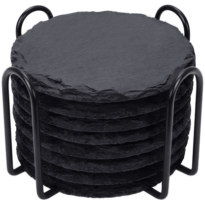 Slate Drink Coasters with Metal Holder, GOH DODD Set of 8 Black Coasters, 4 Inch Stone Coaster Set Tabletop Protection for Home Kitchen Apartment Bar Decor Housewarming Gifts Wedding Party, Round