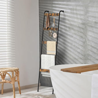 Blanket Ladder for Living Room Towel Ladder for Bathroom Decorative Quilt Rack for Home Decor 5-Tier Throw Blanket Holder with 10 Hooks, Rustic Brown and Black