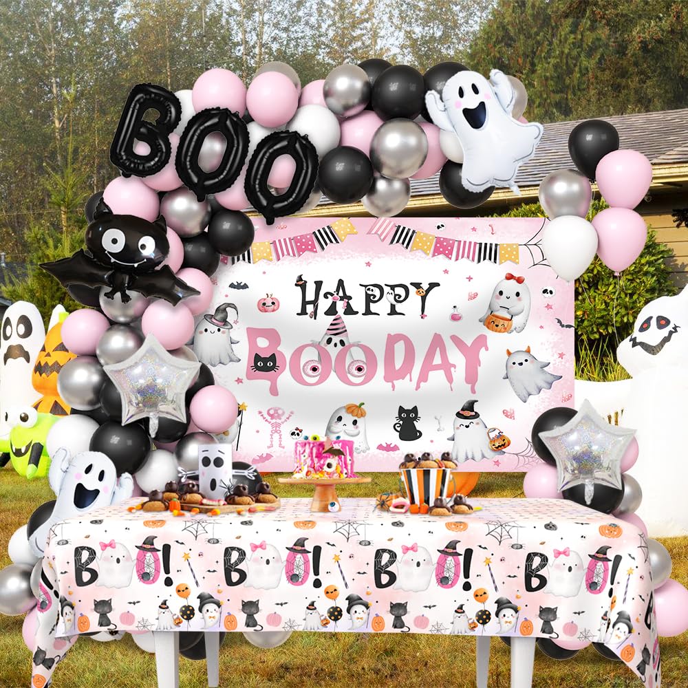 AIBIIN 113pcs Pink Black Halloween Birthday Party Decorations Halloween Happy Boo Day Party Kit With Happy Booday Banner Little Boo Balloon Garland Kit Ghost Birthday Party Tablecloth