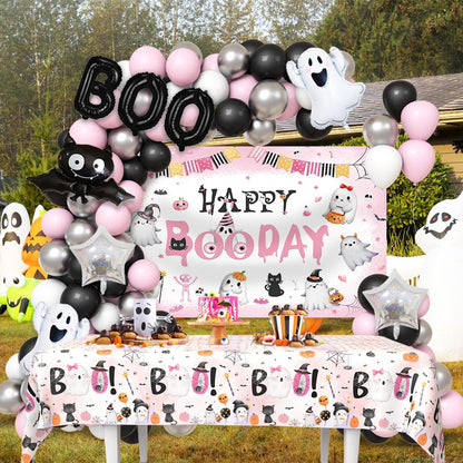 AIBIIN 113pcs Pink Black Halloween Birthday Party Decorations Halloween Happy Boo Day Party Kit With Happy Booday Banner Little Boo Balloon Garland Kit Ghost Birthday Party Tablecloth