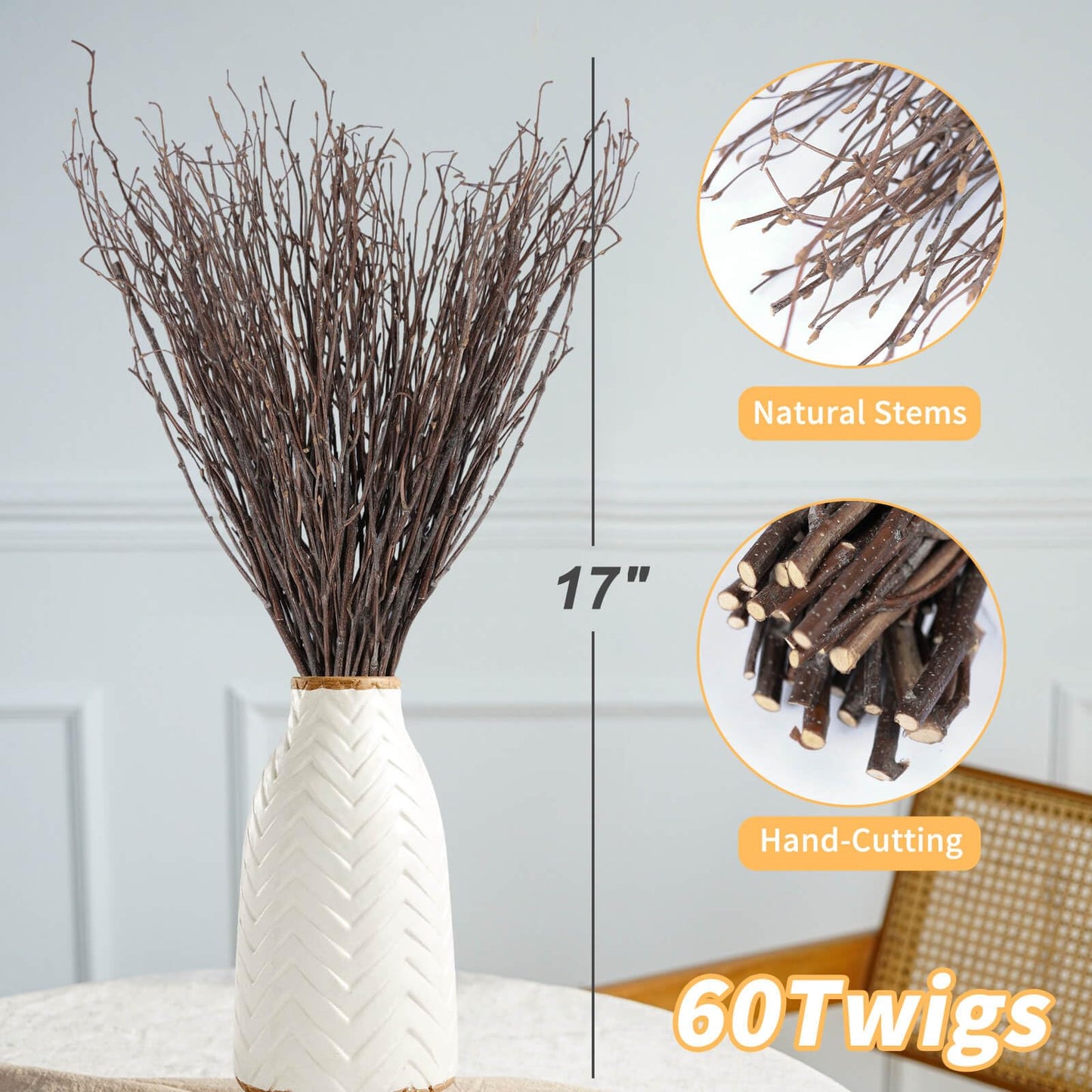 60Pcs Real Dried Birch Twigs Branches - 16” Natural Decorative Birch Branches for Easter Vases, Birch Sticks for DIY, Centerpiece, Floral Arrangment, Twig Wreath, Rustic Home Decor