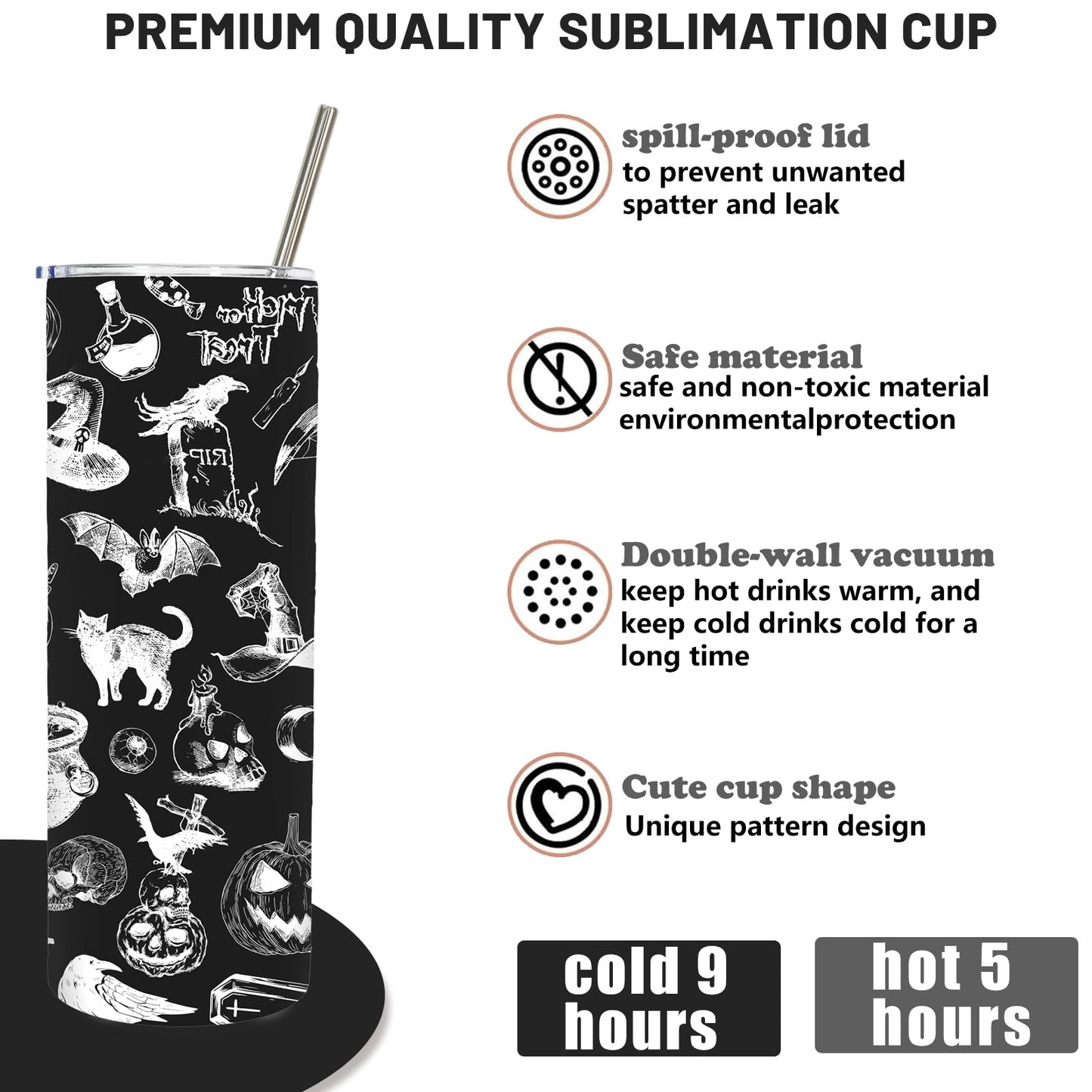 Whaline Halloween Tumbler with Lid and Straw Black White Cat Crow Stainless Steel Cup Gothic Tumbler Cup for Travel Holiday Birthday Party Gift, 20 Oz