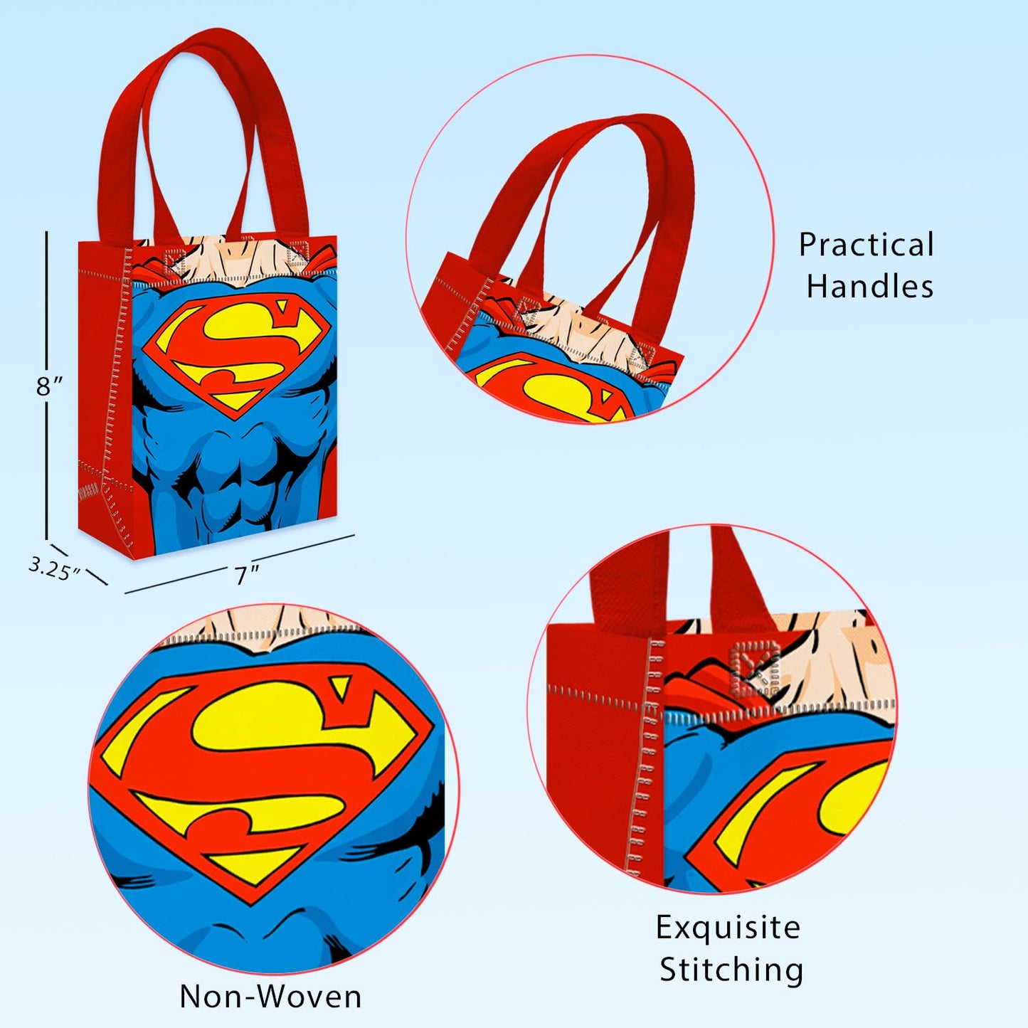 DC Comics Superman Party Favor Bags Set – 12 Pack 8" Superhero Goodie Bags for Kids Bulk Reusable Mini Totes | Superman Birthday Party Supplies