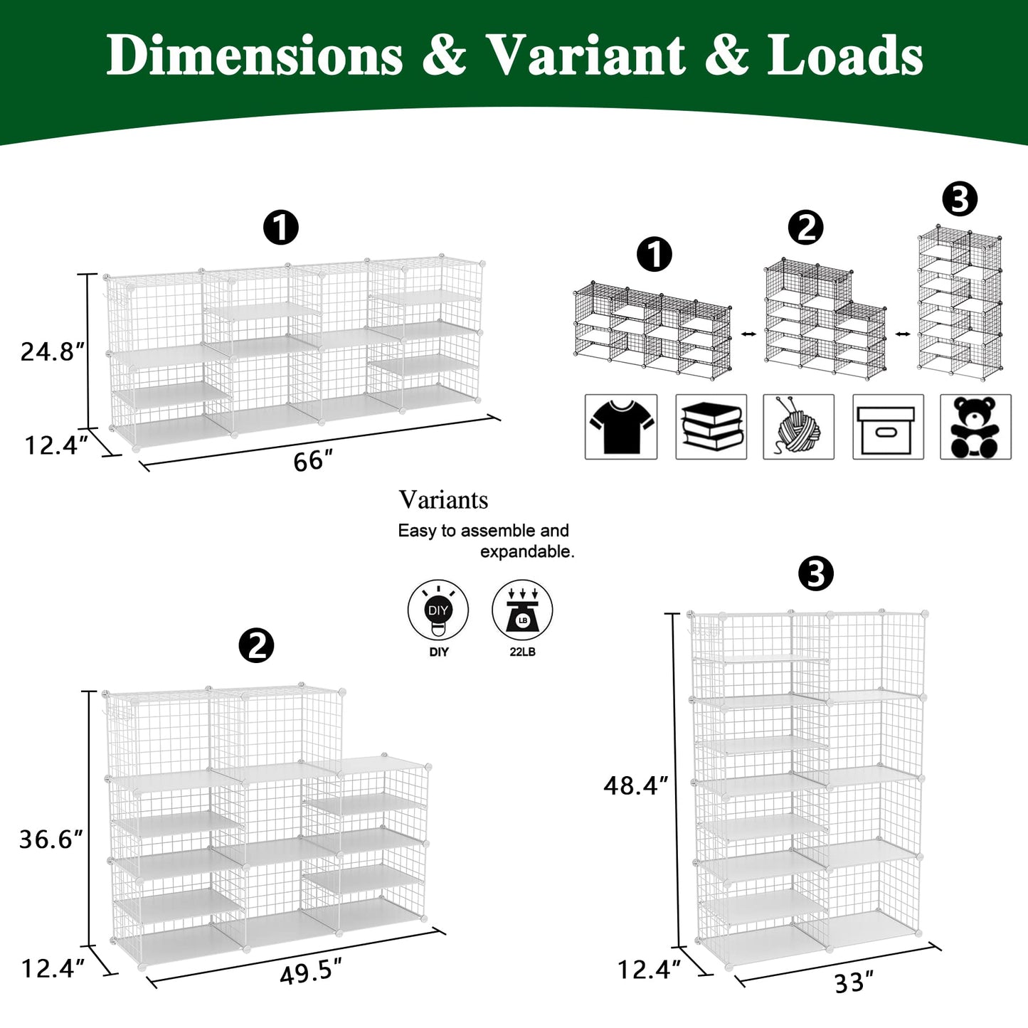 C&AHOME Wire Cube Storage Unit, Interlocking Metal Wire Organizer with Divider Design, Modular Cabinet with Plastic Panels, Bookshelf Stackable Closet Organizer with Small Hooks, White UWCSIM08W