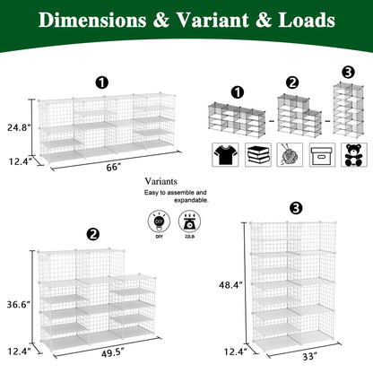 C&AHOME Wire Cube Storage Unit, Interlocking Metal Wire Organizer with Divider Design, Modular Cabinet with Plastic Panels, Bookshelf Stackable Closet Organizer with Small Hooks, White UWCSIM08W