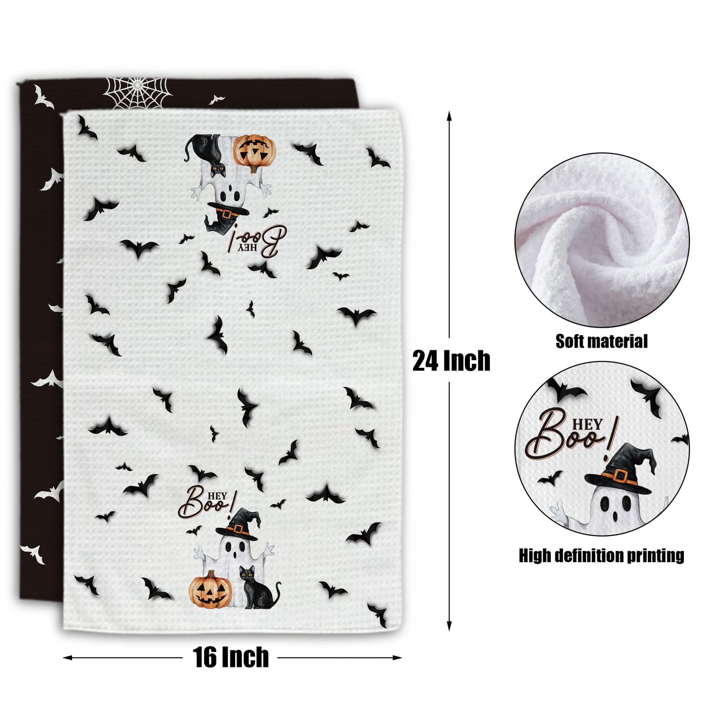 Foggolight Ghost Pumpkins Bats Cat Hey Boo Halloween Waffle Weave Kitchen Towels, 16x24 Inches