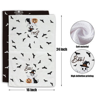 Foggolight Ghost Pumpkins Bats Cat Hey Boo Halloween Waffle Weave Kitchen Towels, 16x24 Inches